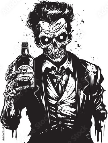 The Walking Drunk Zombie Whiskey Bottle Vector Logo Icon Cryptic Cocktails Zombie Holding Whiskey Bottle Vector Emblem