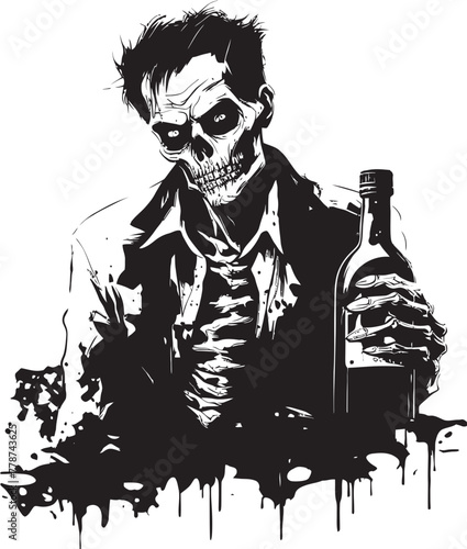 Zombie Barkeep Whiskey Bottle Vector Logo with Undead Server Rotgut Rendezvous Zombie Holding Whiskey Bottle Vector Symbol