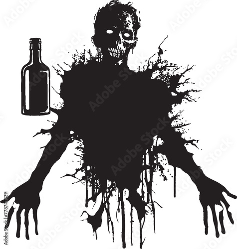 Rotgut Rendezvous Zombie Holding Whiskey Bottle Vector Symbol Bourbon of the Dead Zombie Whiskey Bottle Vector Logo Icon