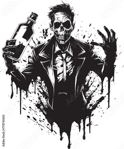 Macabre Mash Zombie Whiskey Bottle Vector Logo Design Zombie Barkeep Whiskey Bottle Vector Logo with Undead Server