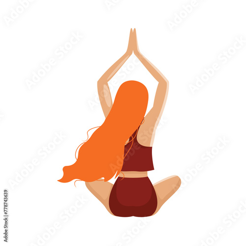 Young woman sitting in lotus posture and practice deep meditation and breathing yoga. Psycologically Awareness Exercise. Vector Flat Illustration.