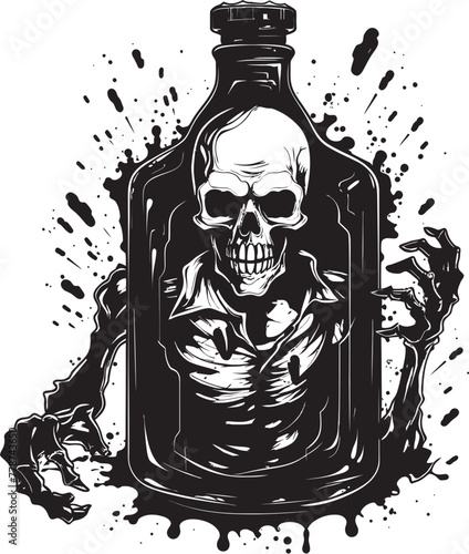 Bourbon of the Dead Zombie Whiskey Bottle Vector Logo Icon Undead Distilled Zombie Holding Whiskey Bottle Vector Emblem