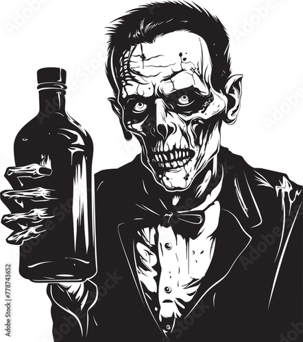 Undead Distilled Zombie Holding Whiskey Bottle Vector Emblem Ghoulish Goodness Zombie Whiskey Bottle Vector Logo Design