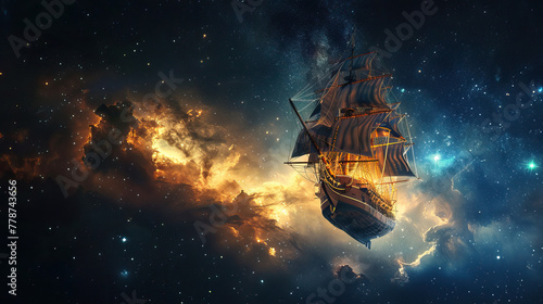 The silhouette of a grand galleon cuts through the fabric of space, set against a backdrop of celestial fire and cosmic dust.