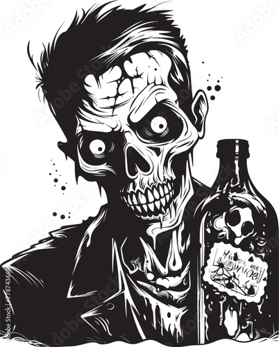 Graveyard Grains Zombie Holding Whiskey Bottle Vector Emblem Spirits of the Undead Zombie Whiskey Bottle Vector Logo Design