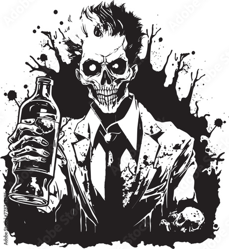 Spirits of the Undead Zombie Whiskey Bottle Vector Logo Design Macabre Mash Zombie Holding Whiskey Bottle Vector Symbol