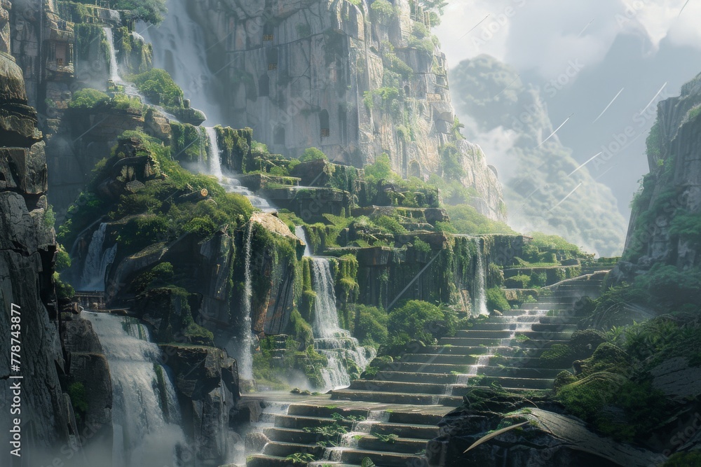 Mystical fantasy landscape with cascading waterfalls and ancient stairway, invoking a sense of adventure.
Mystical fantasy landscape with cascading waterfalls and ancient stairway, invoking a sense of adventure.