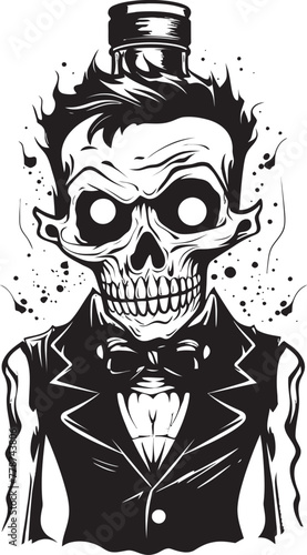 Zombie Brew Whiskey Bottle Vector Logo with Undead Flavor Graveyard Grains Zombie Holding Whiskey Bottle Vector Emblem