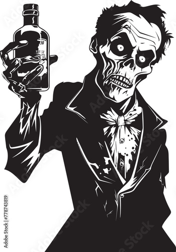 Zombie Spirits Whiskey Bottle Vector Logo with Undead Twist Graveyard Grains Zombie Holding Whiskey Bottle Vector Symbol