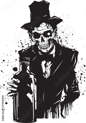Graveyard Grains Zombie Holding Whiskey Bottle Vector Emblem Spirits of the Undead Zombie Whiskey Bottle Vector Logo Design