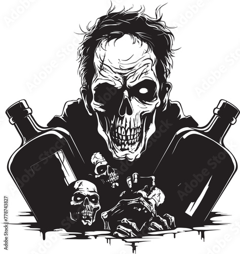 Macabre Mash Zombie Whiskey Bottle Vector Logo Design Zombie Barkeep Whiskey Bottle Vector Logo with Undead Server