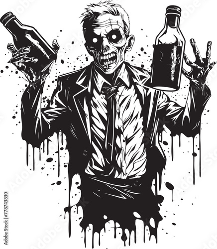 Cryptic Cocktails Zombie Holding Whiskey Bottle Vector Emblem Macabre Mash Zombie Whiskey Bottle Vector Logo Design