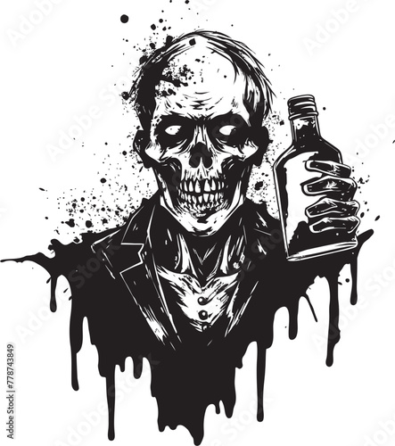 Undead Distillery Zombie Holding Whiskey Bottle Vector Emblem Bourbon from Beyond Zombie Whiskey Bottle Vector Logo Design