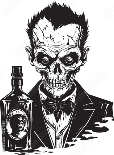 Zombie Barkeep Whiskey Bottle Vector Logo with Undead Server Undead Spirits Zombie Grasping Whiskey Bottle Vector Logo