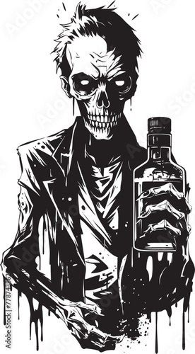Graveyard Toast Zombie Raising Whiskey Bottle Vector Logo Eerie Elixirs Zombie Holding Whiskey Bottle Vector Illustration