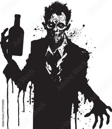 Bourbon Apocalypse Zombie and Whiskey Bottle Vector Logo Concept Undead Distillery Zombie Grasping Whiskey Bottle Vector Icon