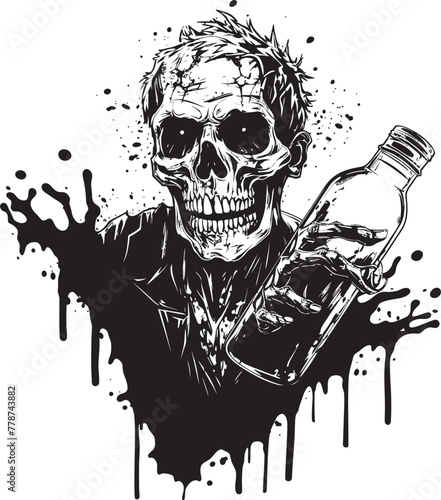 Undead Distillery Zombie Grasping Whiskey Bottle Vector Icon Macabre Mash Up Zombie with Whiskey Bottle Vector Emblem