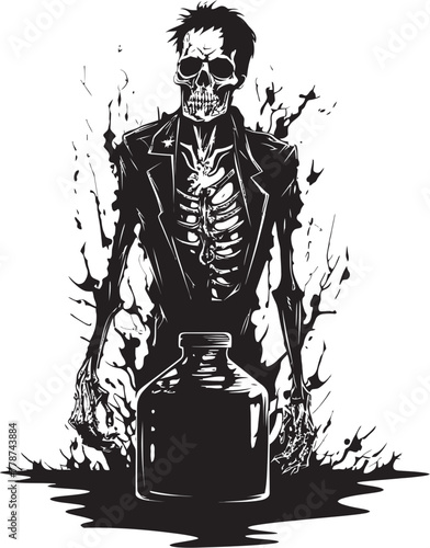 Undead Distilled Zombie Holding Whiskey Bottle Vector Emblem Rotgut Rendezvous Zombie Whiskey Bottle Vector Logo Design