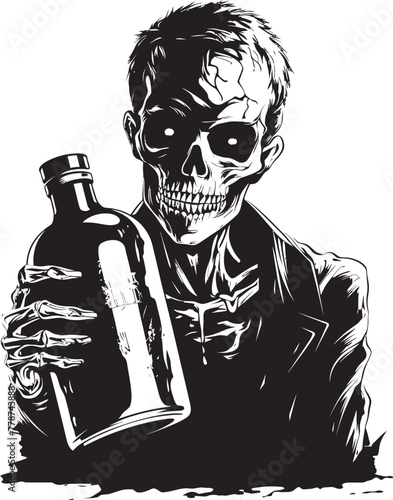 Eerie Elixirs Zombie Holding Whiskey Bottle Vector Illustration Bourbon Apocalypse Zombie and Whiskey Bottle Vector Logo Concept