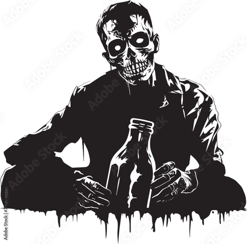 Zombie Bourbon Bliss Whiskey Bottle Vector Logo with Undead Twist Whiskey of the Dead Zombie Embracing Bottle Vector Design