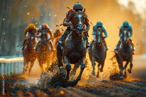 A dynamic race scene with horses and jockeys  vibrant colors of the racing silks. Created with Ai