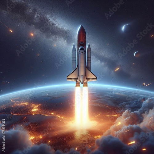 A space rocket flies in space. 3d rendering