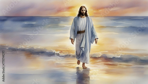 Watercolor painting of Jesus Christ walking on water in an impressionist style.