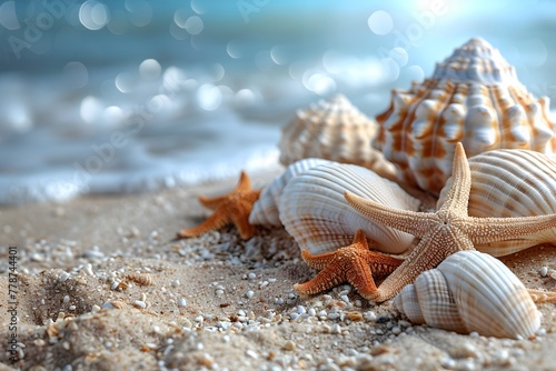 Starfish and Seashells on a Sandy Beach © D