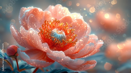 a close up of a pink flower with drops of water on it's petals and a blurry background.