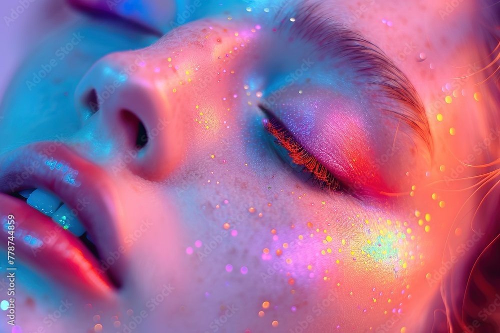 The serene expression of a woman with her eyes closed, featuring vibrant makeup and a dreamy glow.