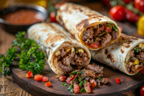 Shawarma with beef cut in half on a plate