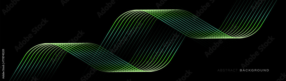 Abstract background with green color glowing geometric wavy spiral lines particle. Modern minimal trendy shiny lines pattern. Vector illustration - obrazy, fototapety, plakaty 