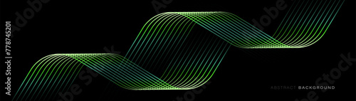 Abstract background with green color glowing geometric wavy spiral lines particle. Modern minimal trendy shiny lines pattern. Vector illustration