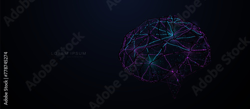 Human brain with blue and purple neural connection lines and glowing. Colorful brain. Vector Illustration