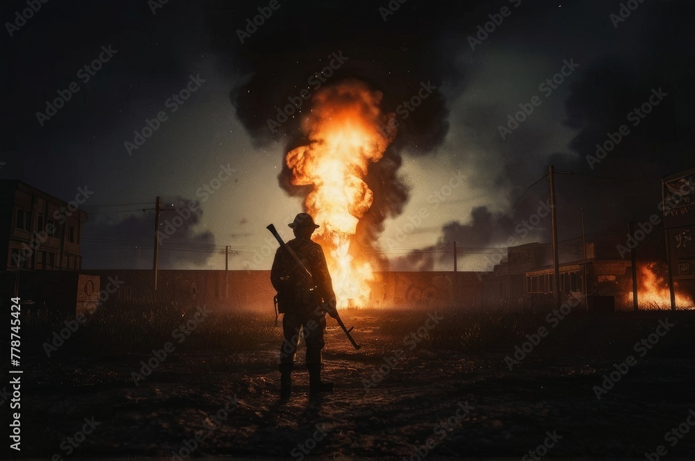 Brave soldier with modern rifle against fire explosions and smoke Brave soldier with modern rifle against fire explosions and smoke