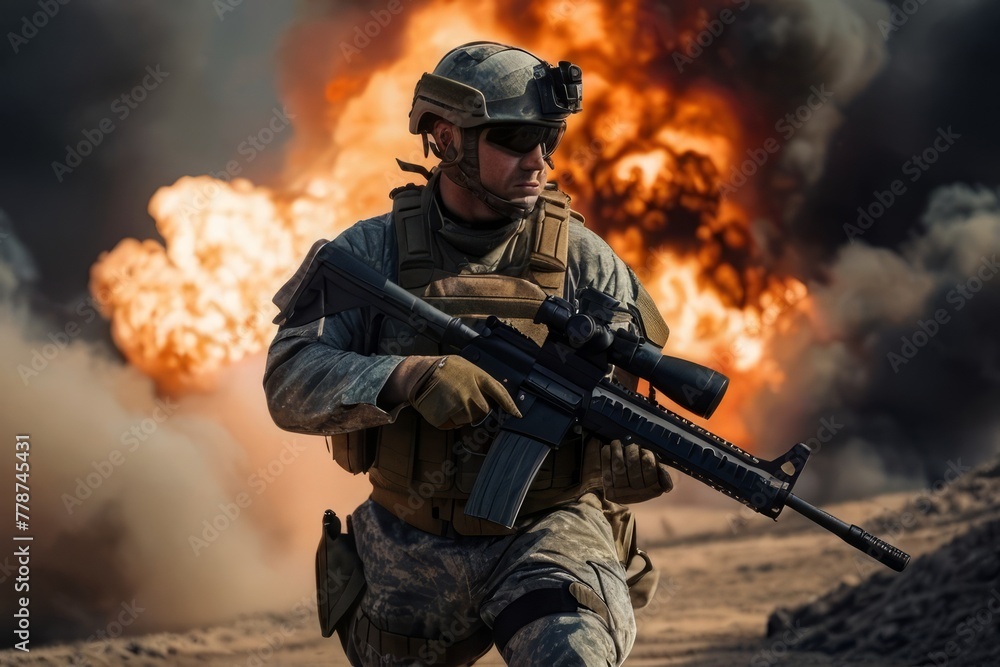 Brave soldier with modern rifle against fire explosions and smoke