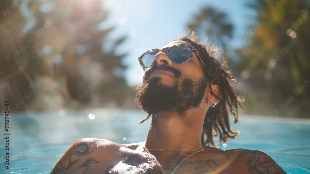 Man with tattoos relaxing in a pool with sunlight filtering through. Summer leisure and tropical vacation concept. Design for travel brochure or relaxation theme content - obrazy, fototapety, plakaty 