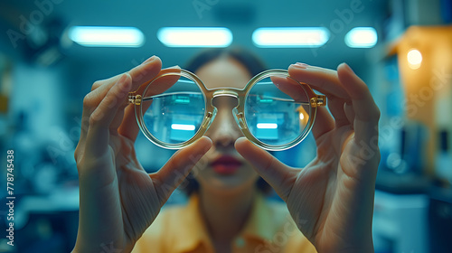 Woman holding glasses with transparent lenses, blurred background with blue light. Optometry and vision concept. Design for optical clinic advertisement or vision health blog