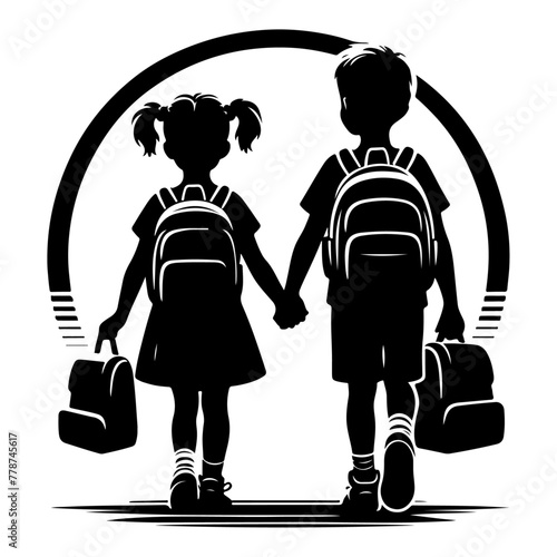 minimalist Happy siblings Children with backpacks going to the school vector black color silhouette