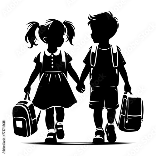 minimalist Happy siblings Children with backpacks going to the school vector black color silhouette