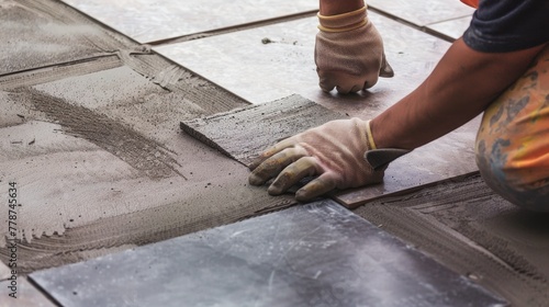  The tiler wipes the tiles after laying photo