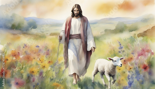 Watercolor painting of Jesus Christ walking with a lamb in an impressionist style.