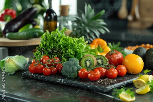 Photography of fresh fruits and vegetables on a table for illustrating nutritious and healthy food for body health
