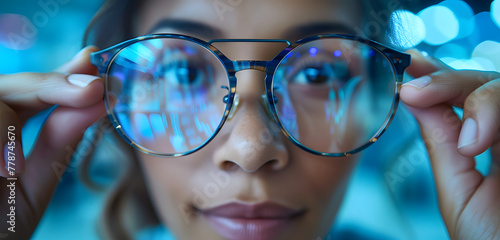 Woman holding up glasses with reflective lenses, close-up with bokeh lights. Vision care and eyewear fashion concept. Design for optical shop promotion or eye health awareness