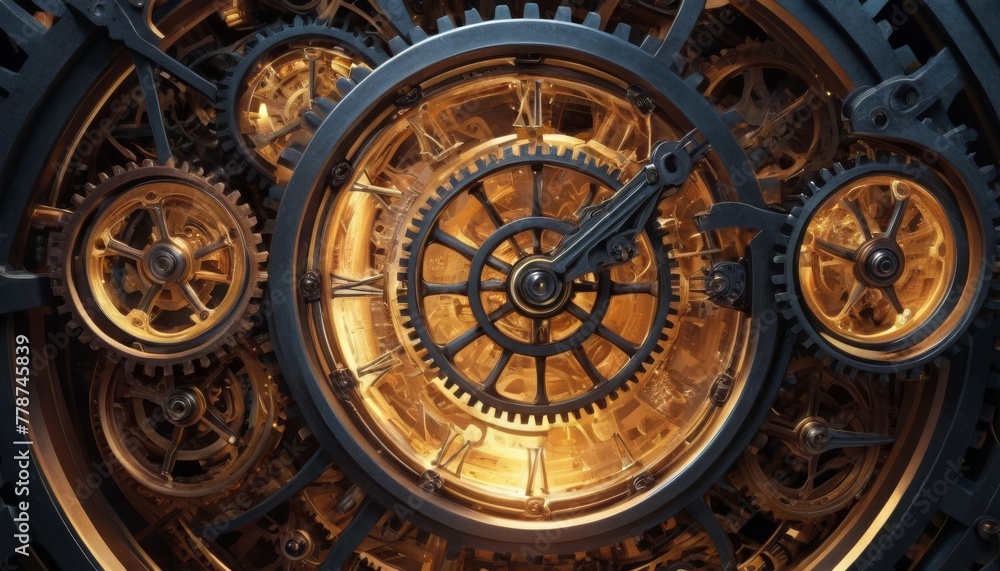 A close-up of an intricate clockwork mechanism showcases the beauty of precision engineering with golden gears and cogs.. AI Generation