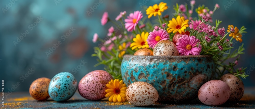 a blue vase filled with lots of colorful flowers next to quails and daisies in front of a blue background. a blue vase filled with lots of colorful flowers next to quails and daisies in front of a blue background.