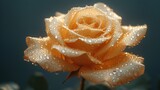 a close up of a yellow rose with drops of water on it's petals and a dark blue background.
