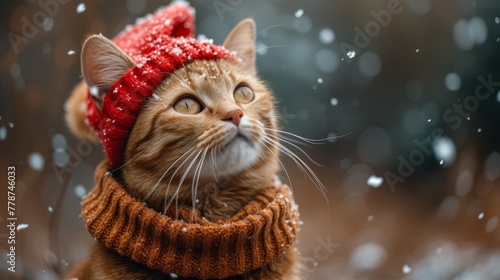 a close up of a cat wearing a knitted hat and scarf with snow falling on the ground behind it.