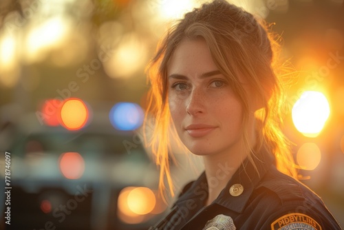 A young Caucasian policewoman stands enveloped in warm sunset light, her serene expression reflecting the city's evening glow. A portrait of calm vigilance at the end of the day.
