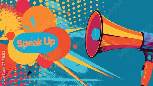 Illustration poster with text "SPEAK UP" featuring speaker icon and elegant background.